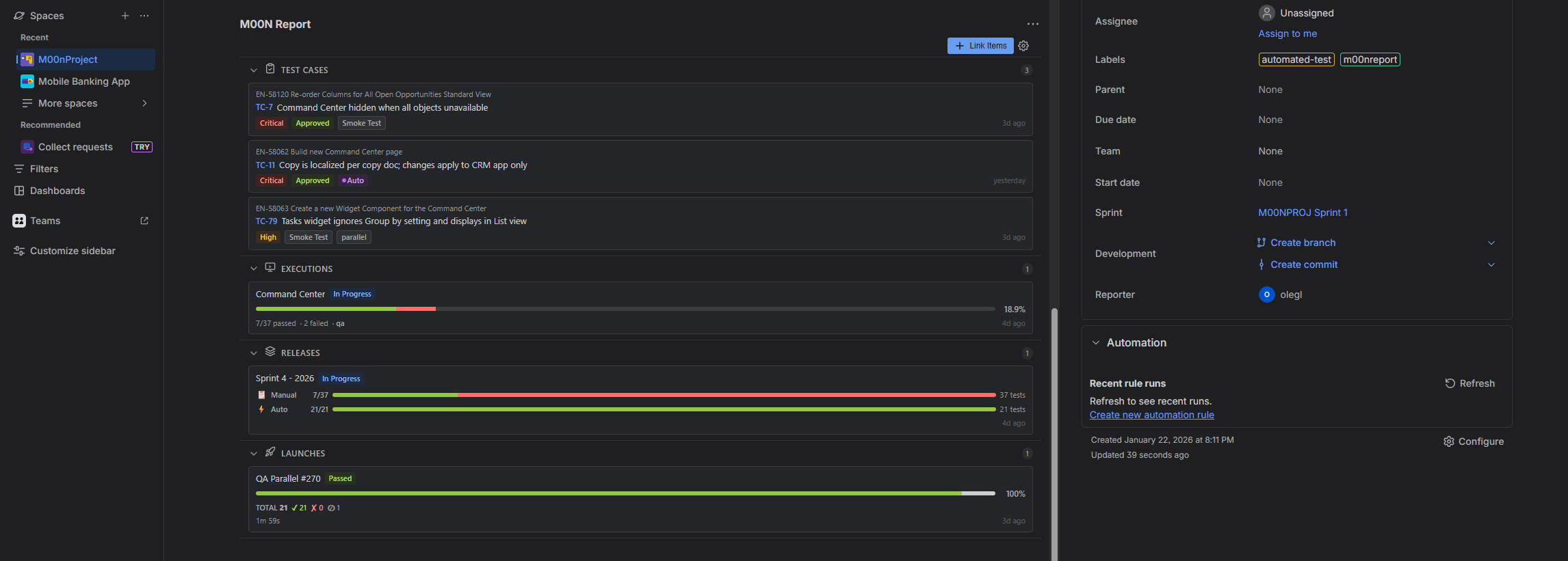 The M00N Report issue panel embedded in a Jira issue, showing linked test cases, an execution in progress, a release with manual and automated pass counts, and a launch